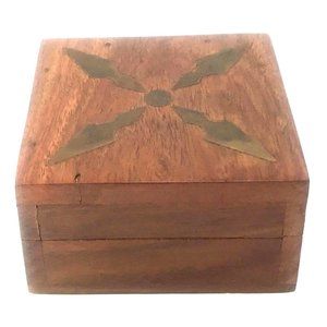 Vintage Brass Inlay Teak Trinket Box Made in India Pygmy Fund Red Felt Lining
